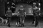 Three LLA officers with dogs walking away from the camera