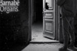 Alley door broken open and throw wide. A figure observes it from outside. A neon sign that say Barnabé Organs glows to one side.
